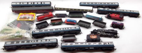 A Tray containing a mixed lot of OO Gauge Railway Carriages; Rolling Stock; Black LMS Locomotive etc