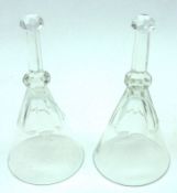 A pair of 19th Century Clear Glass Stirrup Cups, facetted cut knopped stems, 7” high