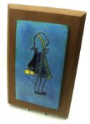 A small Danish Enamel Plaque, decorated with a young girl on a blue background on a rectangular