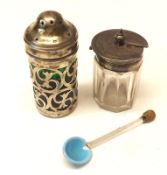 An Edward VII Cylindrical Pepper with foliate pierced decoration, green glass liner, 2 ¾” tall,