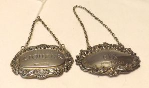 Two Decanter Labels with chain mounts, “Gin” and “Liqueur”, both Birmingham hallmarked, 1979 and