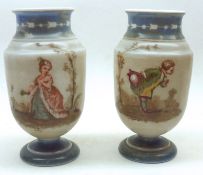 A pair of late 19th Century French Opaque Glass Pedestal Vases, decorated with painted detail of