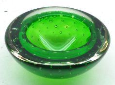 A small Green and Clear Glass Ashtray with bubble design, Whitefriars style, 4” wide