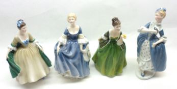 A group of four Royal Doulton Figurines: “Masquerade”, HN2251; “Elegance”, HN2264; “Fleur”, HN2368