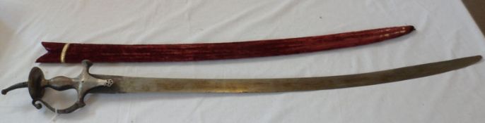 Vintage Indian Tulwar, 32 ½” curved blade, metal hilt, plush-covered wooden scabbard