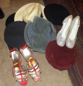 A box of assorted Hats, to include French Berets, Straw Panama Hat and two pair of Vintage Shoes