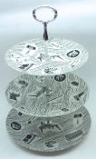 A Ridgways Homemaker Three Tier Cake Plate, decorated in the typical manner in black and white,