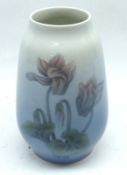 A Royal Copenhagen Tapering Vase, decorated with cyclamen on a pale blue background, 8” high