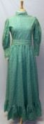 A 1970s Green and White Print Laura Ashley Maxi length Prairie style Dress with high collar, gigot