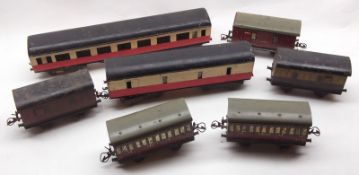 Five Hornby O Gauge Tinplate Carriages; together with two scratch-built Wooden Coaches (7)
