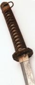 Japanese Sword, curved blade 26”, brass tsuba, cord bound sharkskin grip, leather bound scabbard,