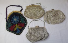 Four Vintage Evening Purses, to include a French brightly coloured Beadwork Purse (clasp broken)