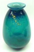 A bulbous Studio Glass Vase, decorated in swirled blues and turquoises with gilt highlighted detail,