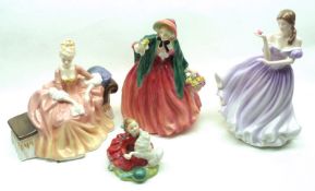 A group of four Royal Doulton Figurines: “Home Again”, HN2167 copyright 1955; “Reverie”, HN2306