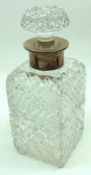 A 20th Century Square Cut Glass Clear Spirit Decanter, with silver collar and mushroom stopper, 9”