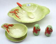 A Carltonware leaf-formed Dish, decorated with lobster detail; together with matching Salt and