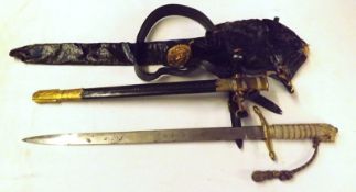 George VI Naval Short Sword, etched blade 18”, wire-wound sharkskin grip, brass mounted leathers
