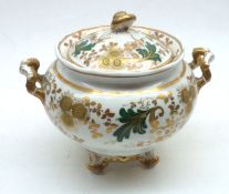 A Spode Feldspar Porcelain Double-handled Sugar Basin with cover, decorated with gilt and green