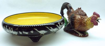 A Mixed Lot comprising: a Majolica style George Jones Teapot formed as a cockerel (lid A/F);