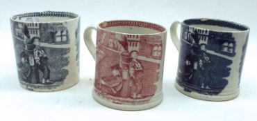 A group of three 19th Century transfer printed Mugs, all decorated with scenes, How’s Business and