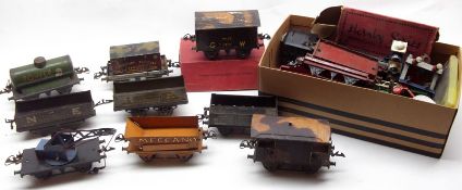 Hornby O Gauge Tinplate Wagons to include: Power Ethyl Tanker; Crane; Brake Van; Meccano Hopper