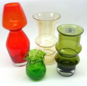 A group of four assorted 20th Century Coloured Art Glass Vases, the largest 10” high (4)