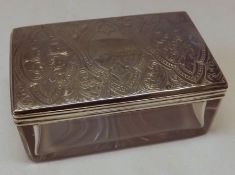 A Rectangular Cut Glass Toiletry Box with arabesque engraved lid, 3 ½” x 2 ¼”, London 1869, Maker TW