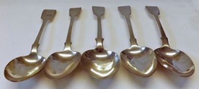 A group of five various Georgian and Victorian Tablespoons, Fiddle pattern, weighing approximately