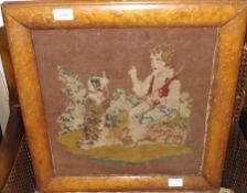 A 19th Century Coloured Tapestry Picture of a boy and young dog, in maple frame, (distressed and A/