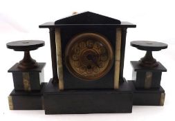 A late 19th Century Black Marble Garniture comprising a central Timepiece with circular face and