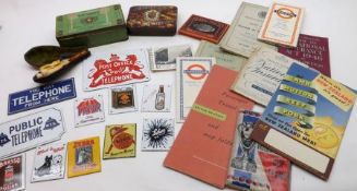 Two Small Boxes: various Miniature Reproduction Enamel Advertising Signs, Vintage Photograph Books