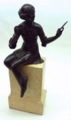 A 20th Century Patinated Bronze Model of a seated young lady with hand mirror, unsigned, raised on a