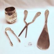 A Mixed Lot including a large Silver-Handled Shoehorn, Birmingham 1906; a pair of Steel and Embossed