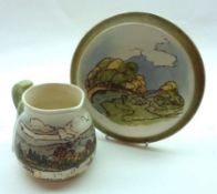 A Doulton Lambeth Velluma Small Jug and similar Side Dish, jug decorated with scene of Loch Leven