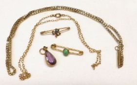 A Mixed Lot including a Victorian yellow metal Pierced Cube Link Necklace (unmarked); Trace Chain;