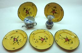Five Provincial French 7” Dishes, decorated with floral sprays on yellow background; together with a
