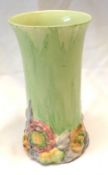 A Clarice Cliff “My Garden” Trumpet Vase with green streaked body and coloured relief moulded floral