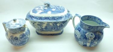 A 19th Century Blue and White Willow pattern Tureen, with lift-off lid; a 19th Century Blue and