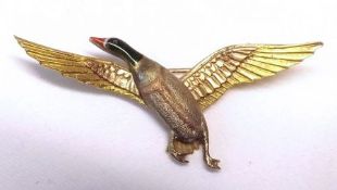 A hallmarked 9ct Gold and Enamelled Flying Mallard Brooch, wingspan approximately 62mm and