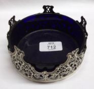 A late Victorian Bristol Blue Glass Butter Dish with pierced and embossed Silver Holder, 4 ½”