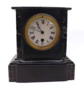 A Victorian Black Marble Timepiece with veined marble detail, circular face with white dial and