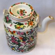 A Canton Famille Rose Cylindrical Covered Teapot, decorated in famille rose and verte and underglaze