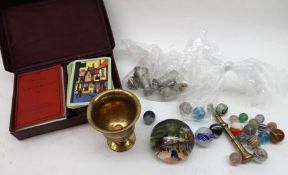 A Mixed Lot: Bezique Boxed Cards, small Paperweight, various Marbles etc
