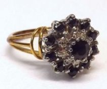 A last quarter of the 20th Century hallmarked 9ct Gold Cluster Ring, set with small Sapphires and