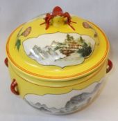 A Chinese Covered Jar of circular globular form, painted in colours with panels of scenes on a