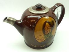 A Royal Doulton Kings Ware Teapot, decorated with a panel of an old lady drinking tea above a