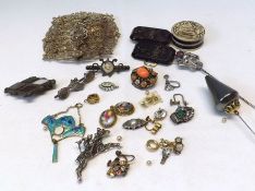 A packet of assorted Jewellery items, including Filigree two part metal Buckle; Gold inlaid
