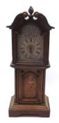 A Treen Cased Small Longcase Clock, the silvered arched dial with black Roman chapter ring, swan-