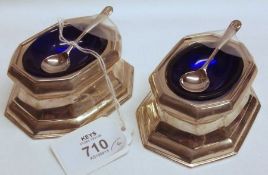 A heavy pair of George V Trencher Salts of usual style with dished centres, each with blue glass