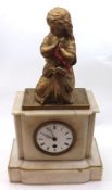 A Decorative White Marble Timepiece, crested with gilt metal figure of a devout young woman, over